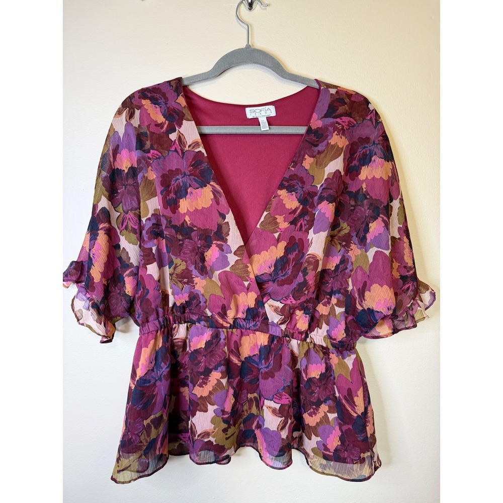 Sofia by Sofia Vergara Floral Faux Wrap Peplum Top Purple Pink XL Ruffl Sleeve